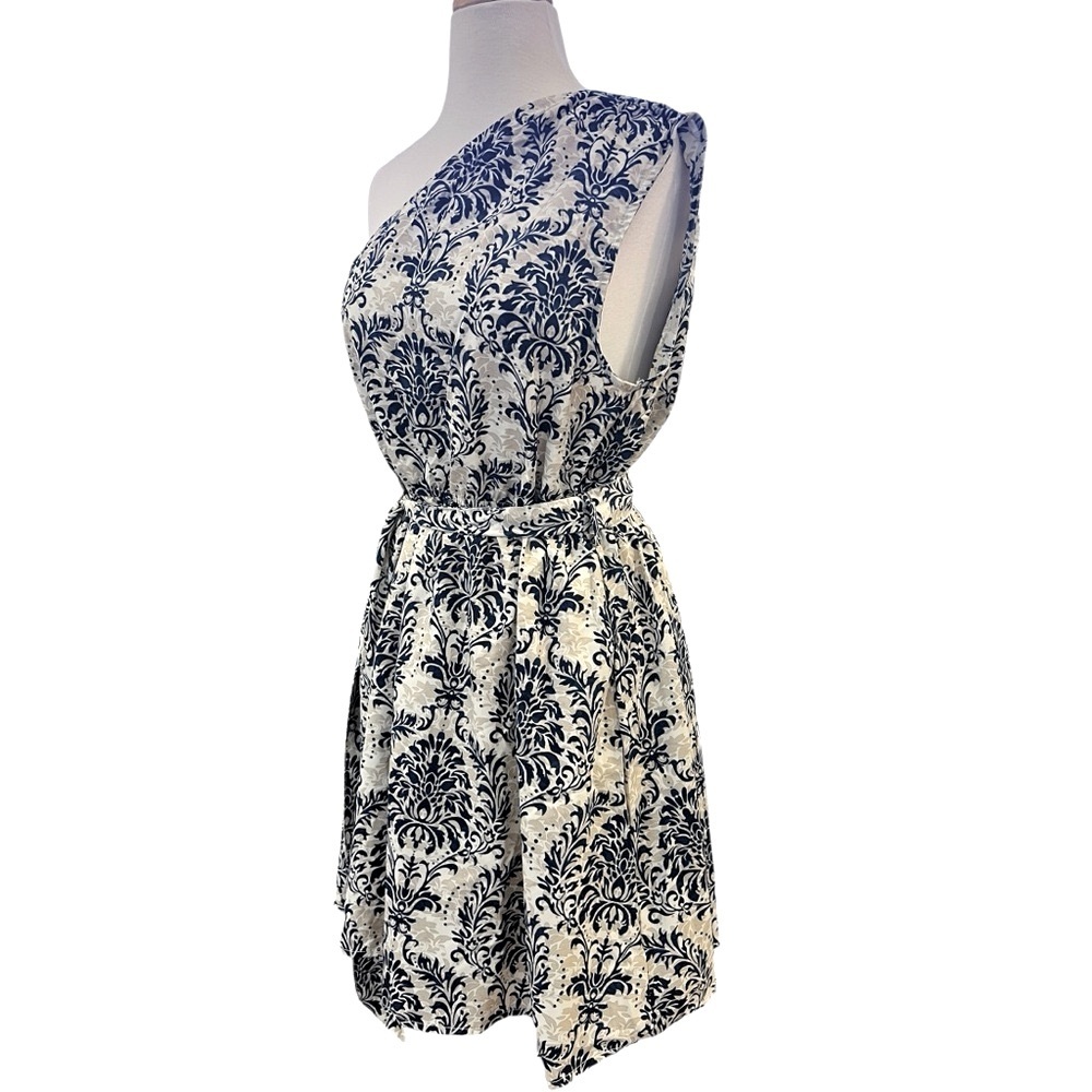 Cupshe Asymmetrical One Shoulder Pleated Blue Damask and Cream Mini Dress Large - Picture 6 of 14